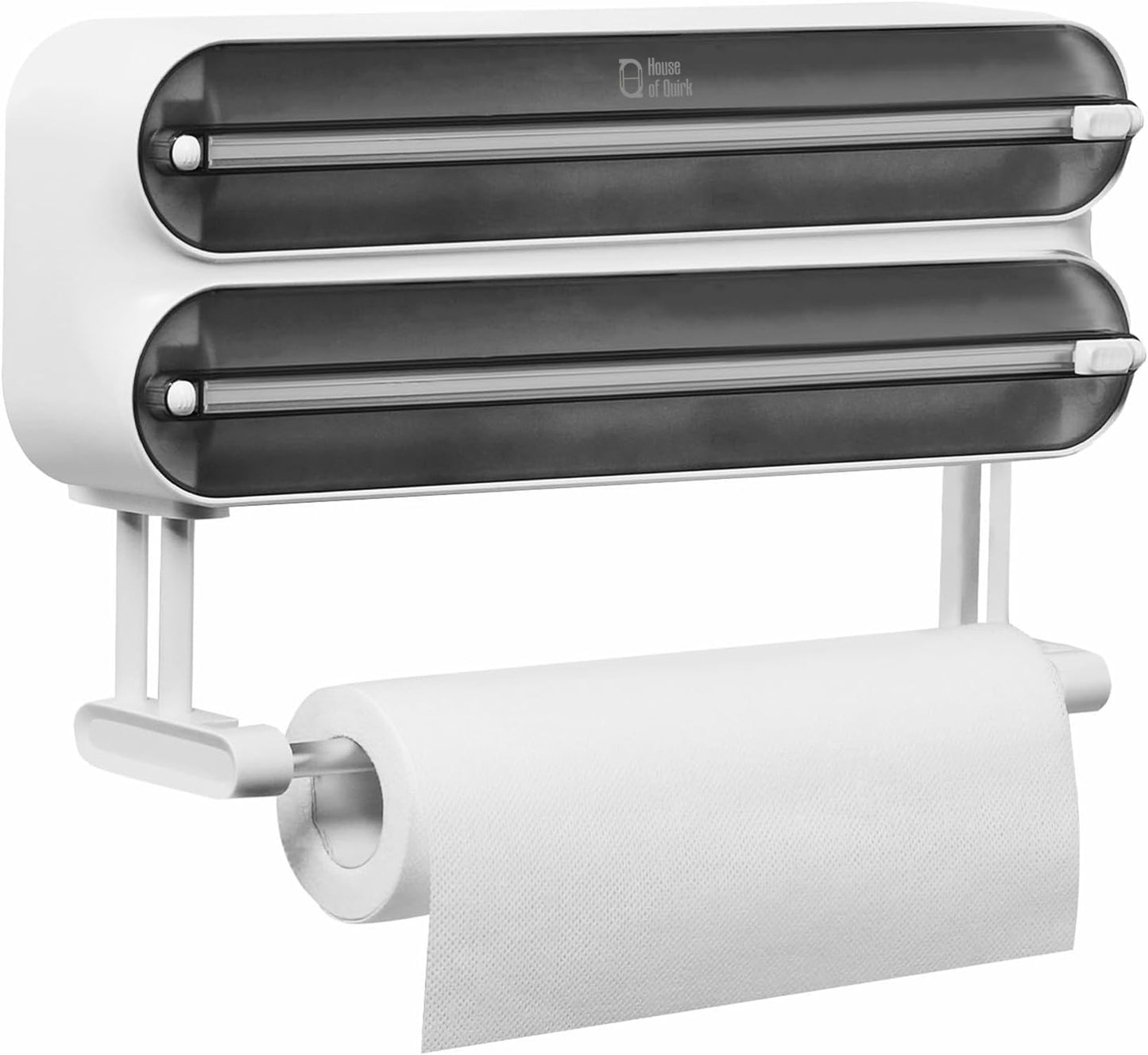House of Quirk Magnetic Plastic Wrap Dispenser with Cutter, 3 in 1 Aluminum Foil and Plastic Wrap Organizer with Paper Towel Holder, Compatible with Cling Film, Tin Foil and Roti Paper Cutter (Grey)