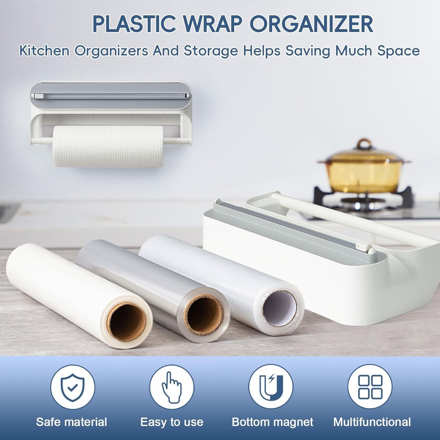 House of Quirk Magnetic Plastic Wrap Dispenser with Cutter, 3 in 1 Aluminum Foil and Plastic Wrap Organizer with Paper Towel Holder, Compatible with Cling Film, Tin Foil and Roti Paper Cutter (Grey)