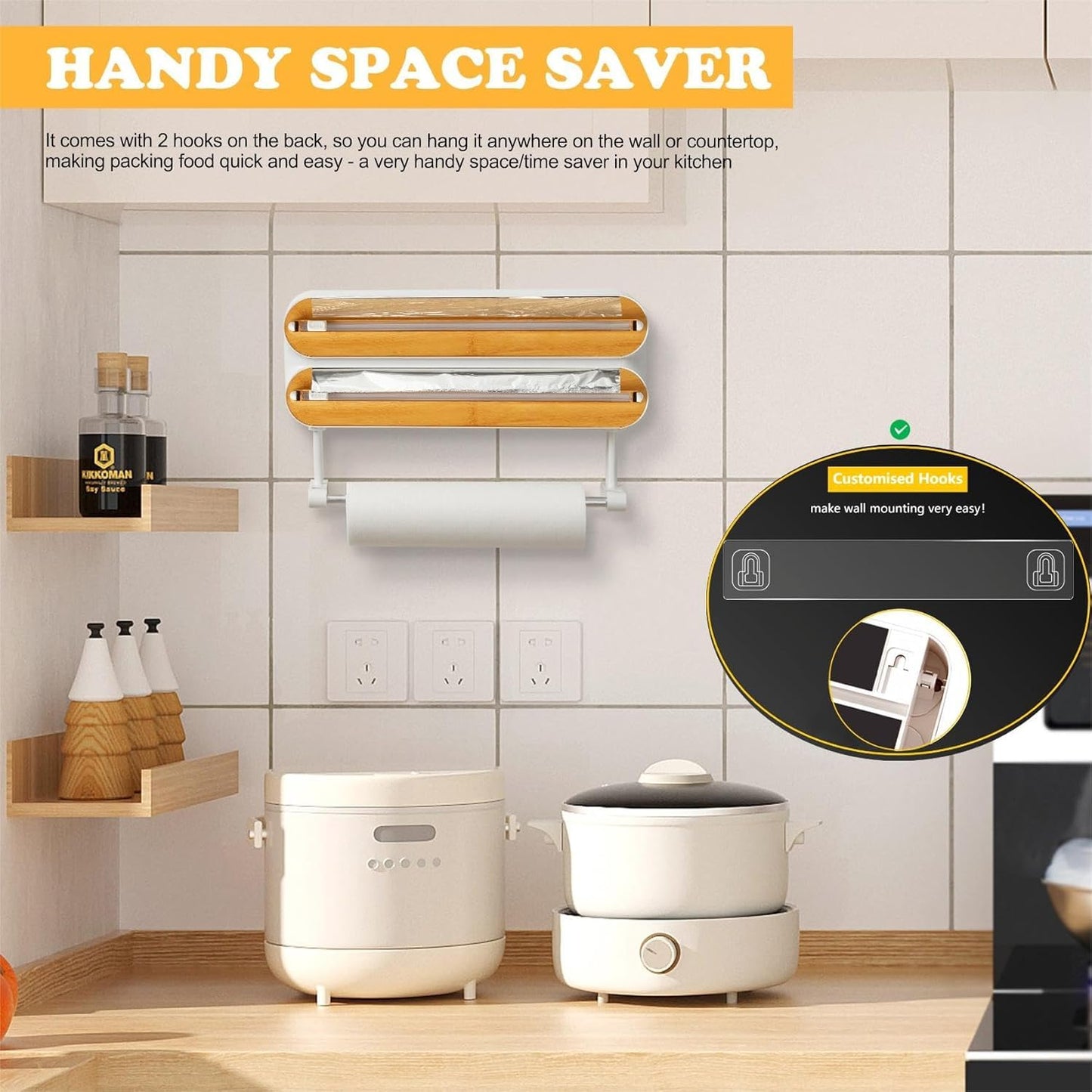 House of Quirk Magnetic Plastic Wrap Dispenser with Cutter, 3 in 1 Aluminum Foil and Plastic Wrap Organizer with Paper Towel Holder, Compatible with Cling Film, Tin Foil and Roti Paper Cutter (Grey)