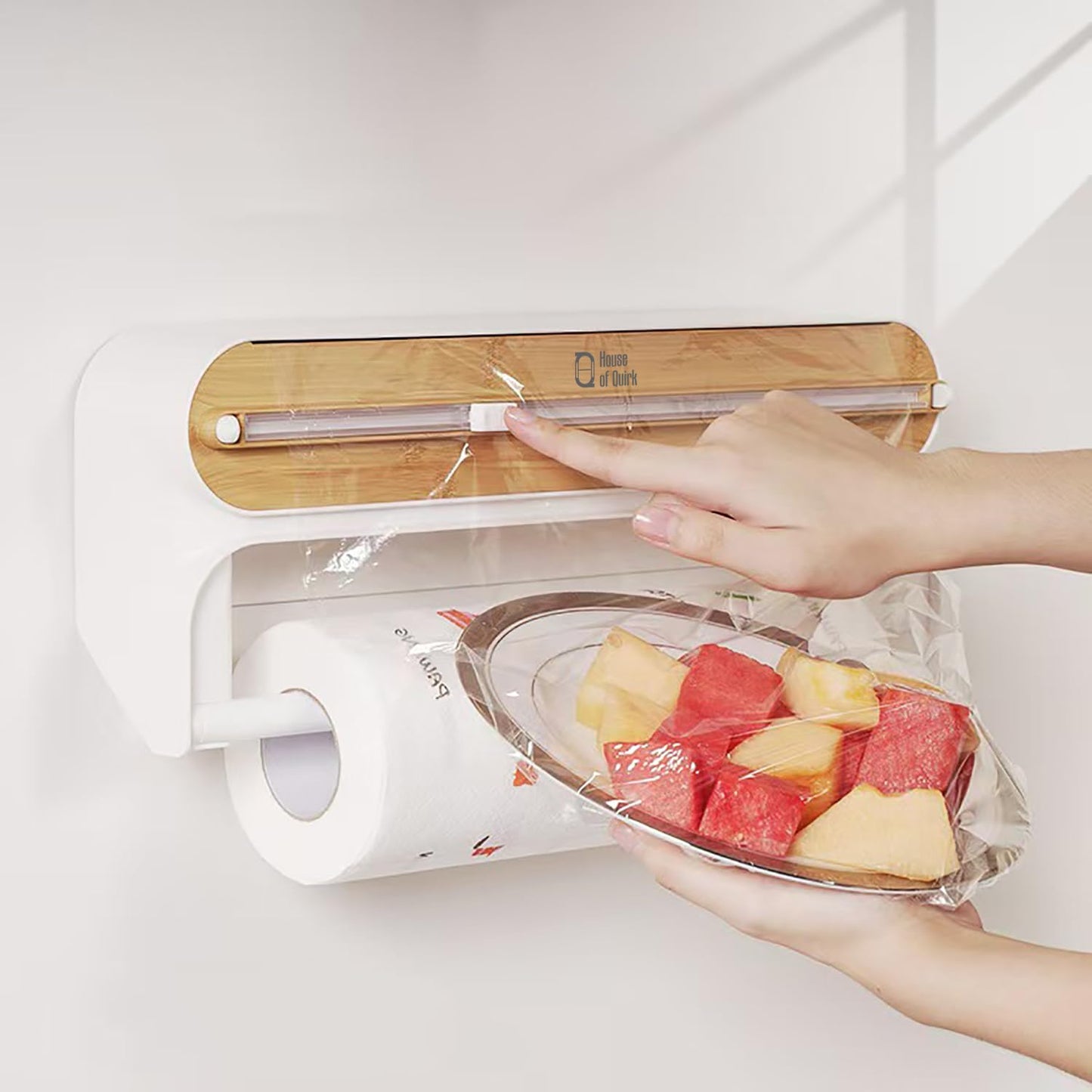 House of Quirk Magnetic Plastic Wrap Dispenser with Cutter, 3 in 1 Aluminum Foil and Plastic Wrap Organizer with Paper Towel Holder, Compatible with Cling Film, Tin Foil and Roti Paper Cutter (Grey)