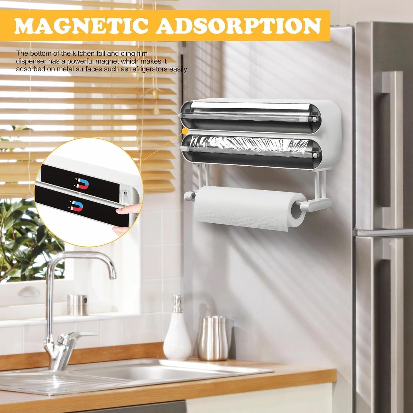 House of Quirk Magnetic Plastic Wrap Dispenser with Cutter, 3 in 1 Aluminum Foil and Plastic Wrap Organizer with Paper Towel Holder, Compatible with Cling Film, Tin Foil and Roti Paper Cutter (Grey)