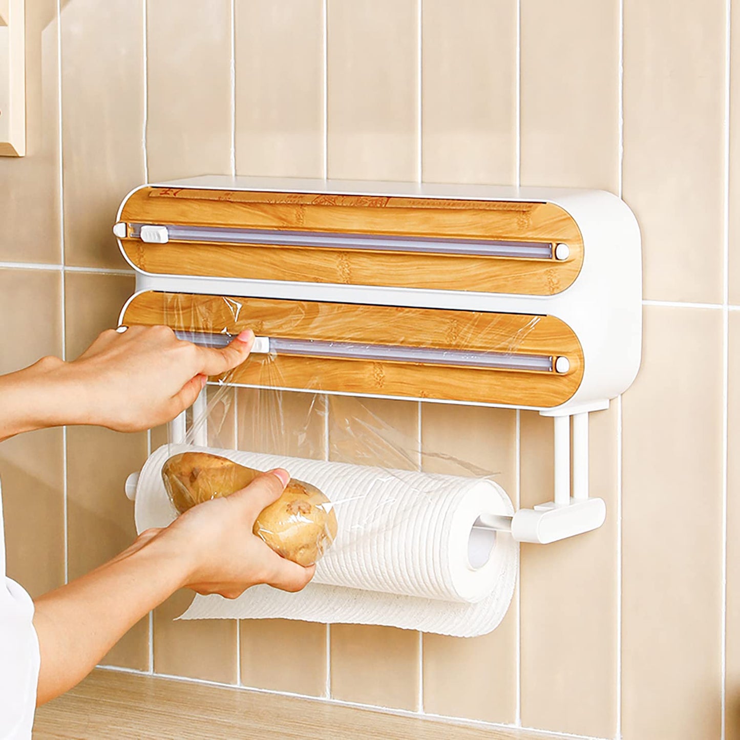 House of Quirk Magnetic Plastic Wrap Dispenser with Cutter, 3 in 1 Aluminum Foil and Plastic Wrap Organizer with Paper Towel Holder, Compatible with Cling Film, Tin Foil and Roti Paper Cutter (Grey)
