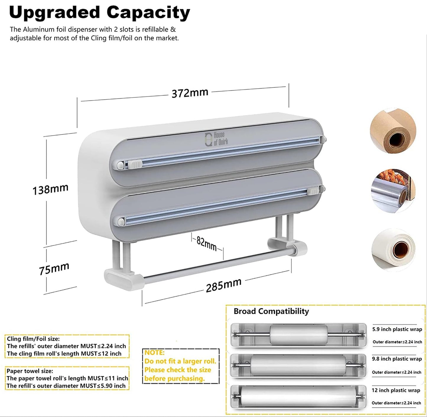 House of Quirk Magnetic Plastic Wrap Dispenser with Cutter, 3 in 1 Aluminum Foil and Plastic Wrap Organizer with Paper Towel Holder, Compatible with Cling Film, Tin Foil and Roti Paper Cutter (Grey)