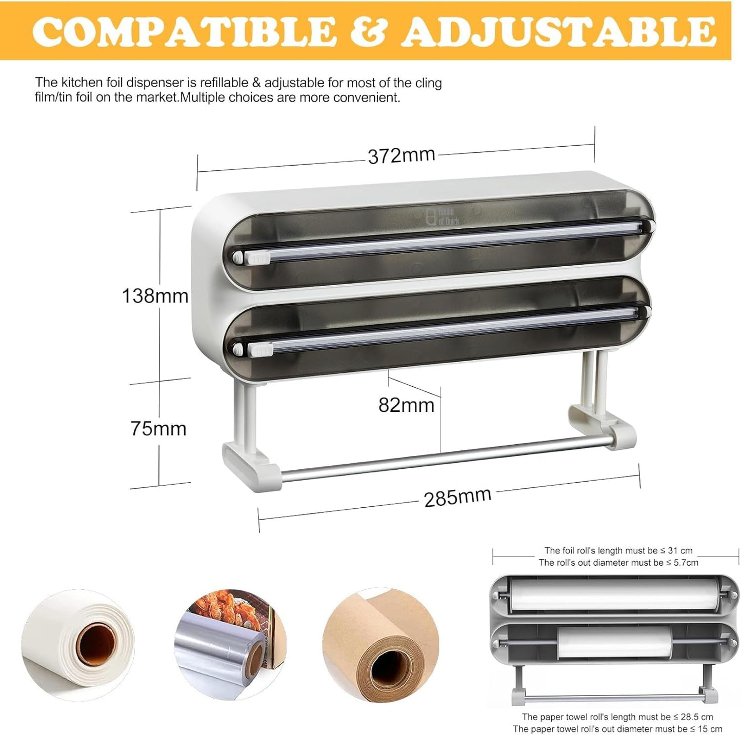 House of Quirk Magnetic Plastic Wrap Dispenser with Cutter, 3 in 1 Aluminum Foil and Plastic Wrap Organizer with Paper Towel Holder, Compatible with Cling Film, Tin Foil and Roti Paper Cutter (Grey)