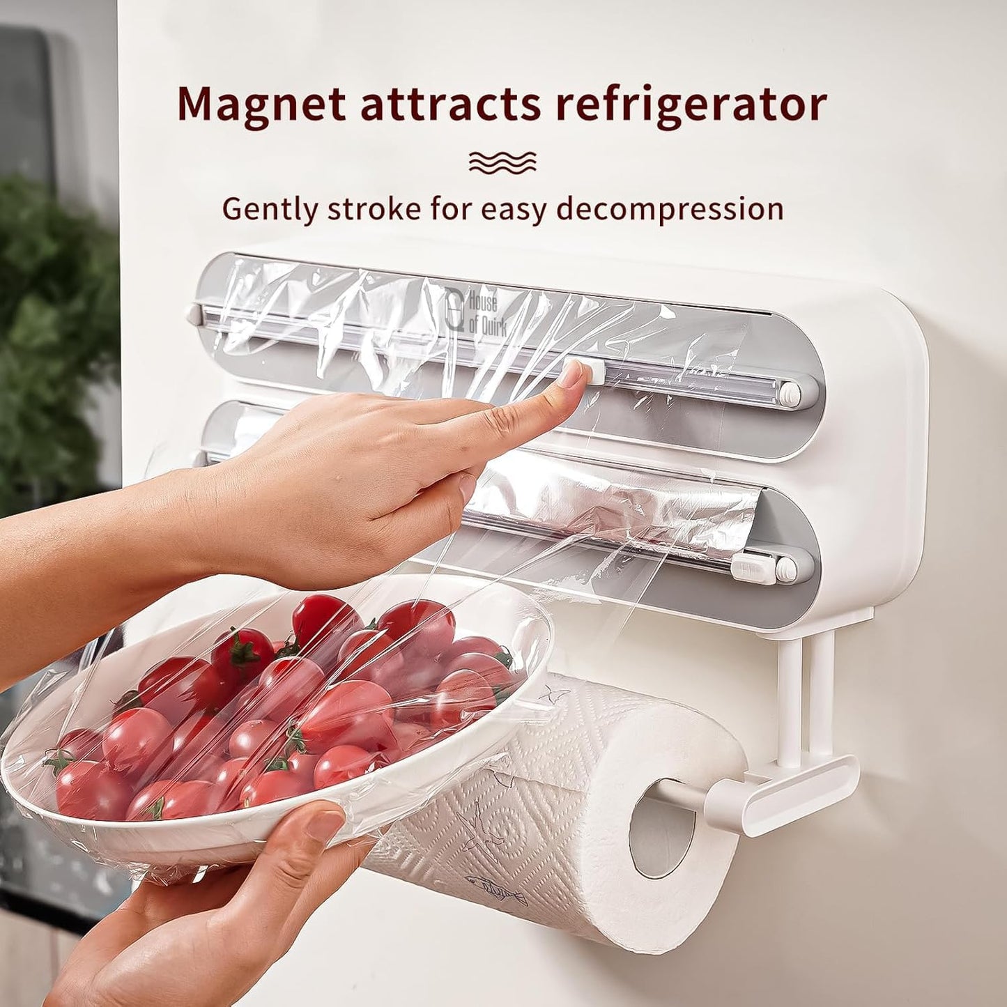 House of Quirk Magnetic Plastic Wrap Dispenser with Cutter, 3 in 1 Aluminum Foil and Plastic Wrap Organizer with Paper Towel Holder, Compatible with Cling Film, Tin Foil and Roti Paper Cutter (Grey)