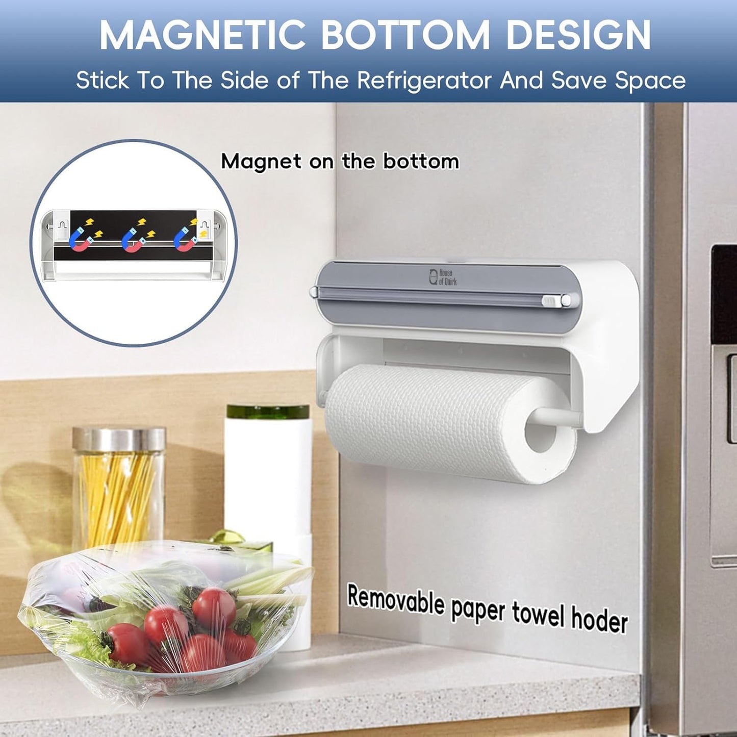 House of Quirk Magnetic Plastic Wrap Dispenser with Cutter, 3 in 1 Aluminum Foil and Plastic Wrap Organizer with Paper Towel Holder, Compatible with Cling Film, Tin Foil and Roti Paper Cutter (Grey)