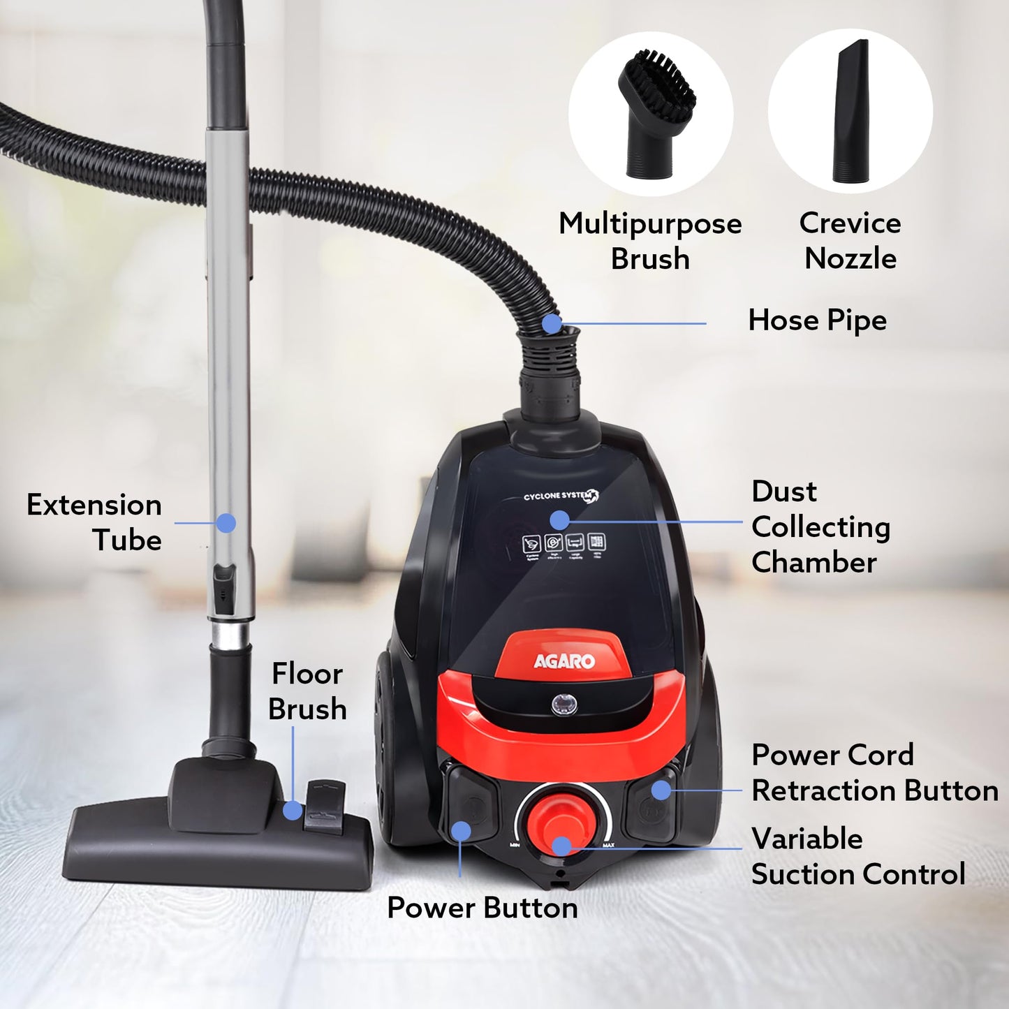 AGARO ICON 1600 Watts Bagless Dry Vacuum Cleaner for Home & Office, up to 24 kPa Variable Suction with Cyclonic Technology, 1.5L Bagless Bin, Multiple Accessories, Compact & Lightweight, Easy to Use