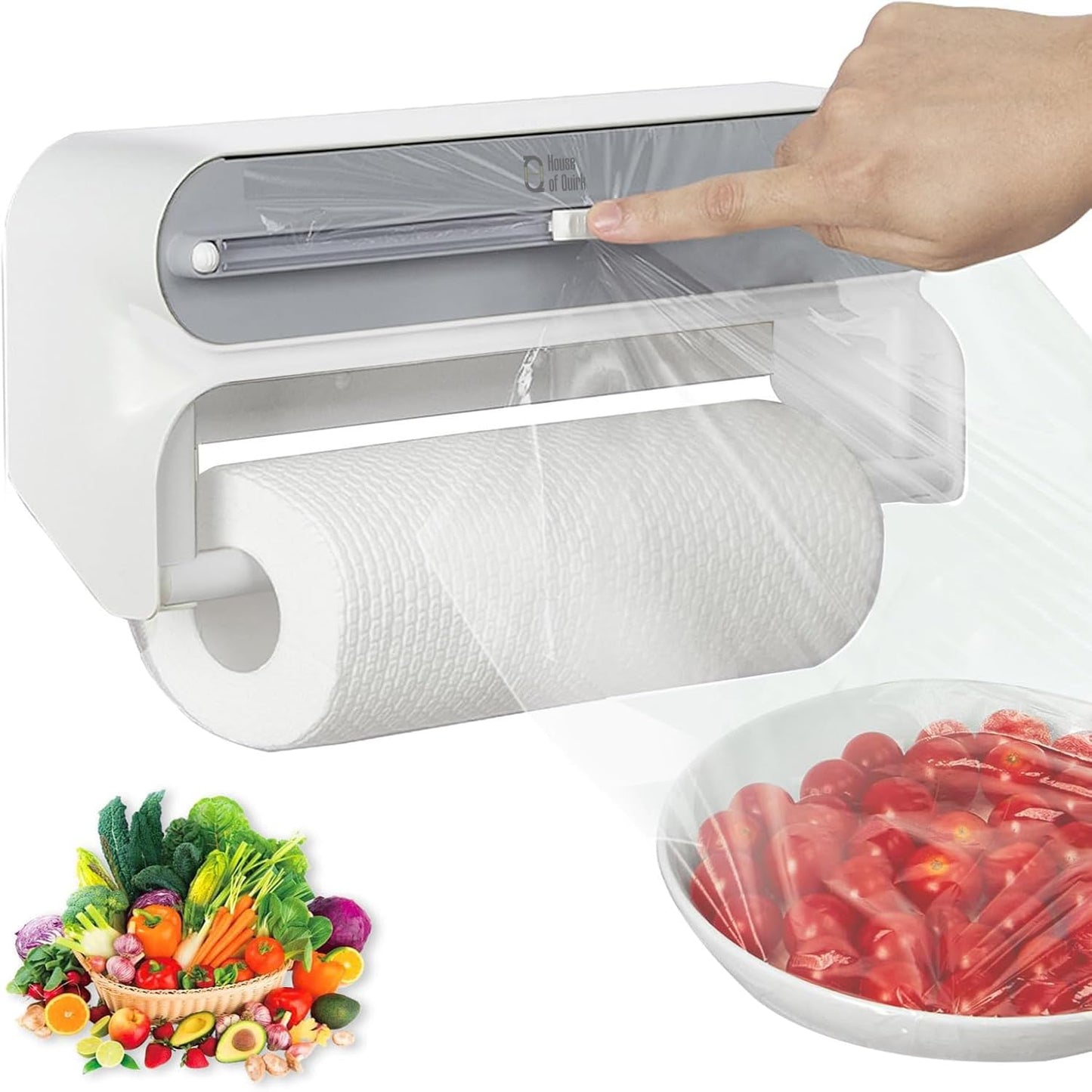 House of Quirk Magnetic Plastic Wrap Dispenser with Cutter, 3 in 1 Aluminum Foil and Plastic Wrap Organizer with Paper Towel Holder, Compatible with Cling Film, Tin Foil and Roti Paper Cutter (Grey)