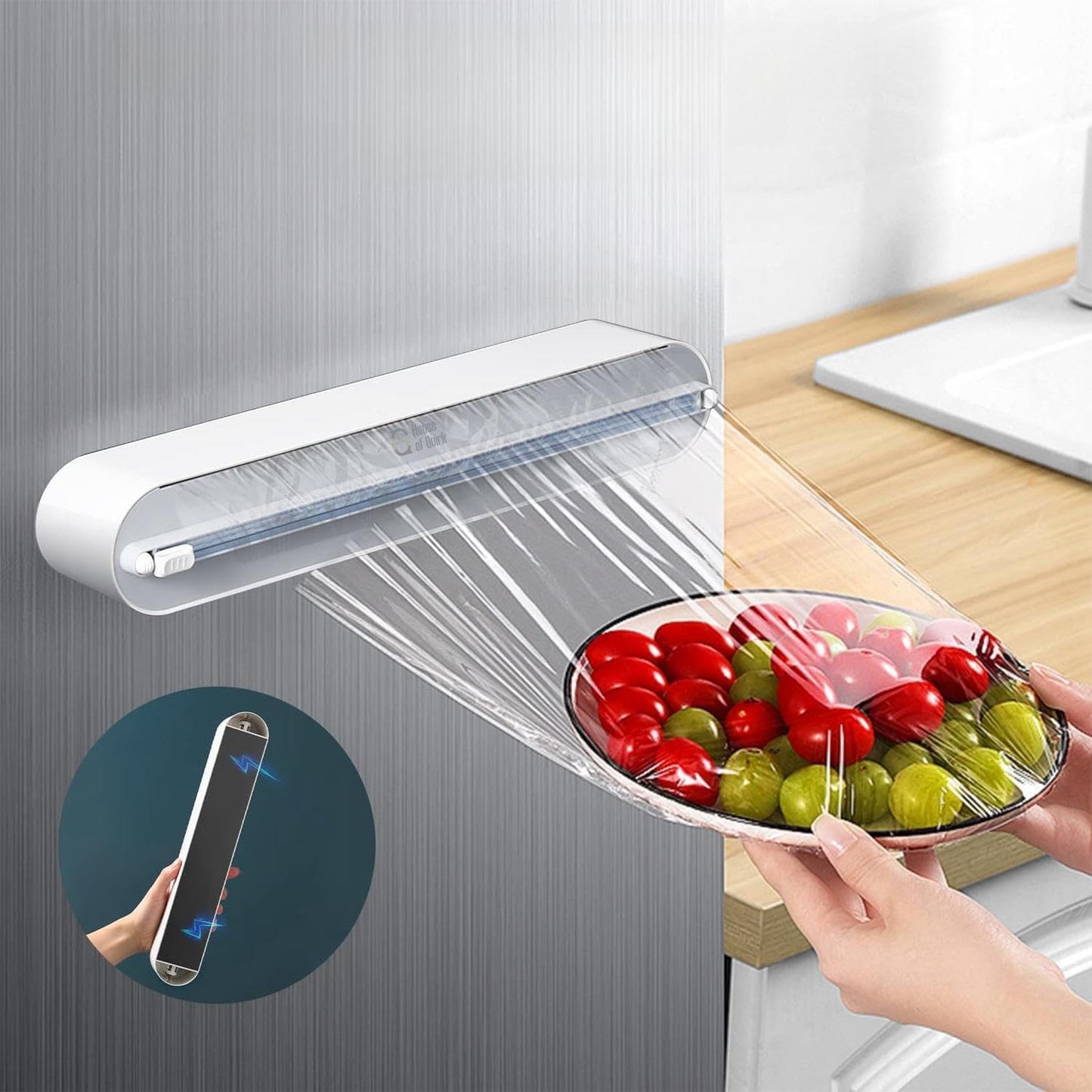 House of Quirk Magnetic Plastic Wrap Dispenser with Cutter, 3 in 1 Aluminum Foil and Plastic Wrap Organizer with Paper Towel Holder, Compatible with Cling Film, Tin Foil and Roti Paper Cutter (Grey)