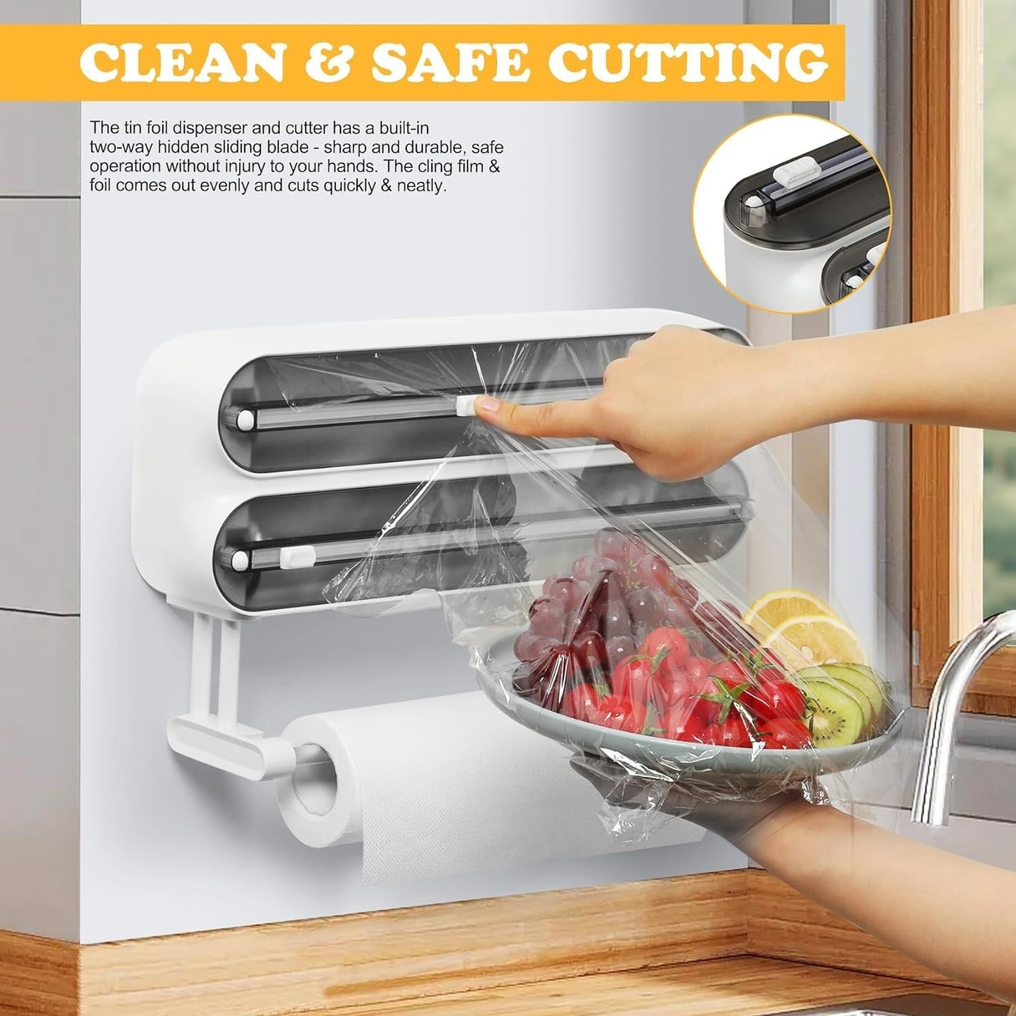 House of Quirk Magnetic Plastic Wrap Dispenser with Cutter, 3 in 1 Aluminum Foil and Plastic Wrap Organizer with Paper Towel Holder, Compatible with Cling Film, Tin Foil and Roti Paper Cutter (Grey)