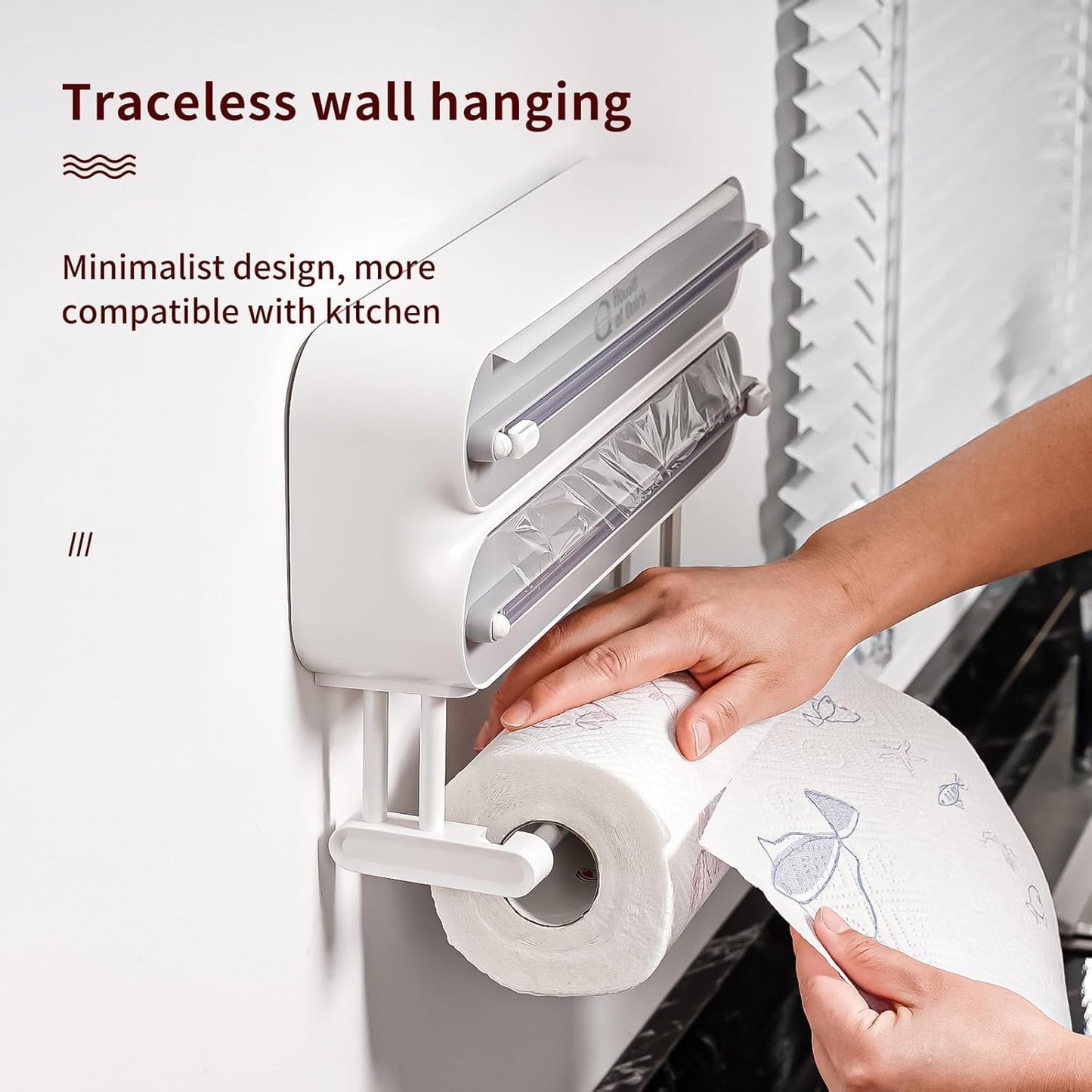 House of Quirk Magnetic Plastic Wrap Dispenser with Cutter, 3 in 1 Aluminum Foil and Plastic Wrap Organizer with Paper Towel Holder, Compatible with Cling Film, Tin Foil and Roti Paper Cutter (Grey)