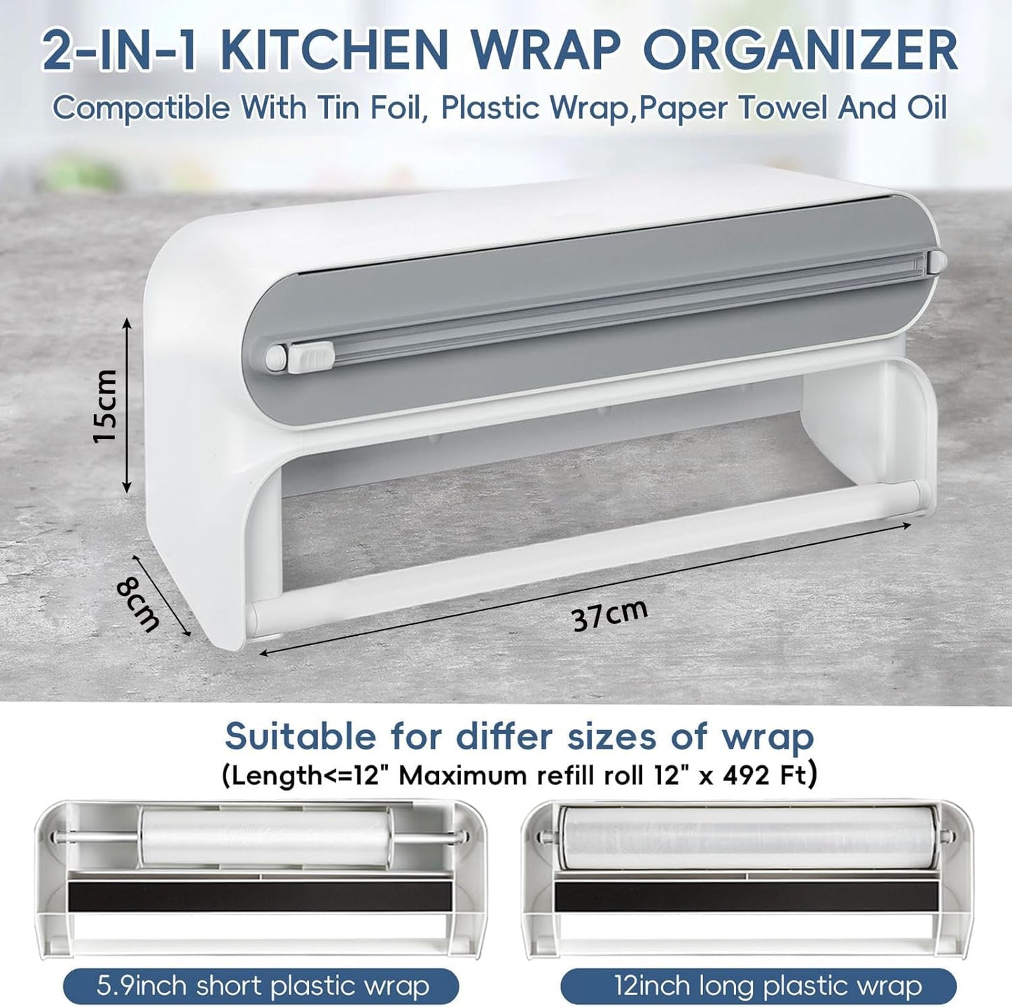 House of Quirk Magnetic Plastic Wrap Dispenser with Cutter, 3 in 1 Aluminum Foil and Plastic Wrap Organizer with Paper Towel Holder, Compatible with Cling Film, Tin Foil and Roti Paper Cutter (Grey)