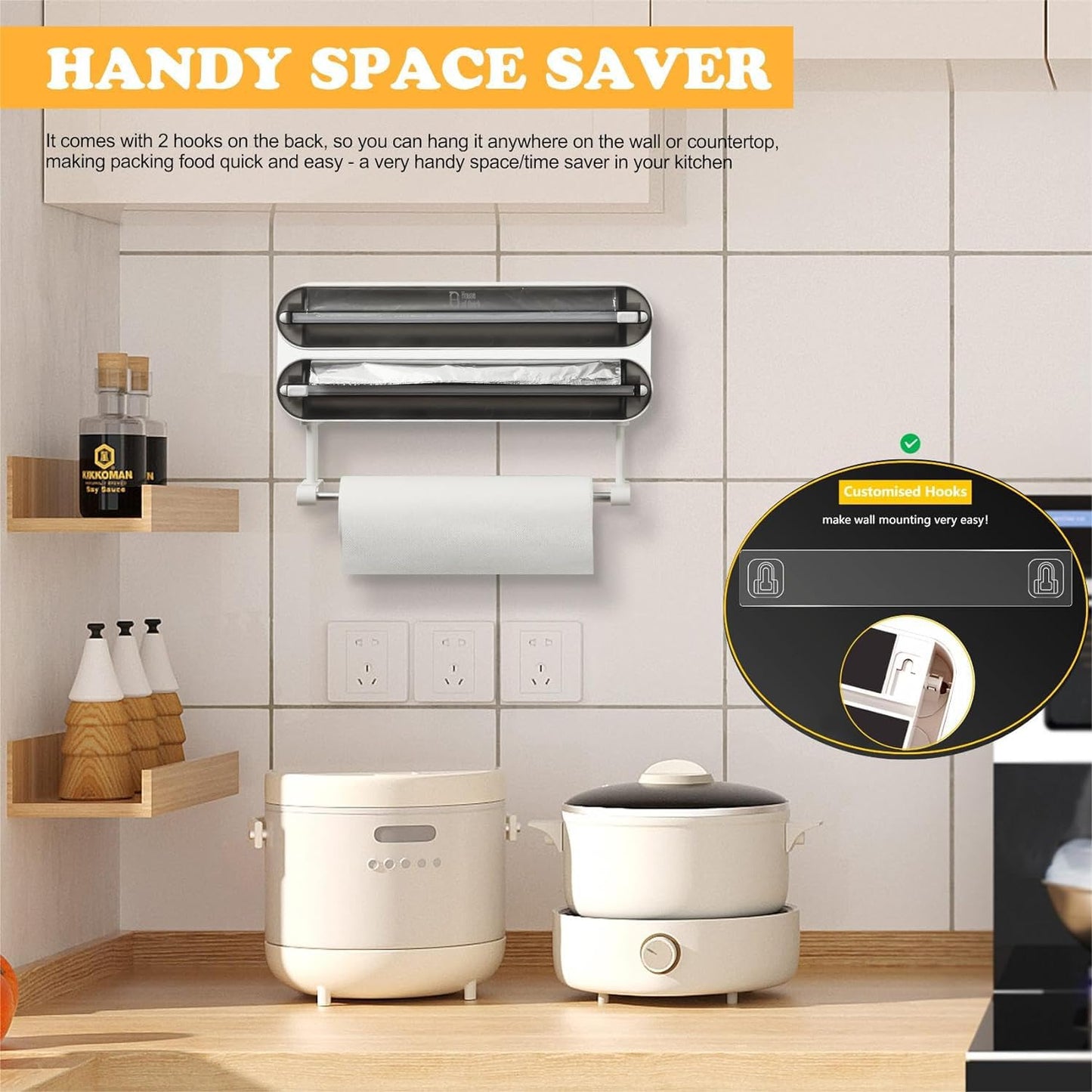 House of Quirk Magnetic Plastic Wrap Dispenser with Cutter, 3 in 1 Aluminum Foil and Plastic Wrap Organizer with Paper Towel Holder, Compatible with Cling Film, Tin Foil and Roti Paper Cutter (Grey)