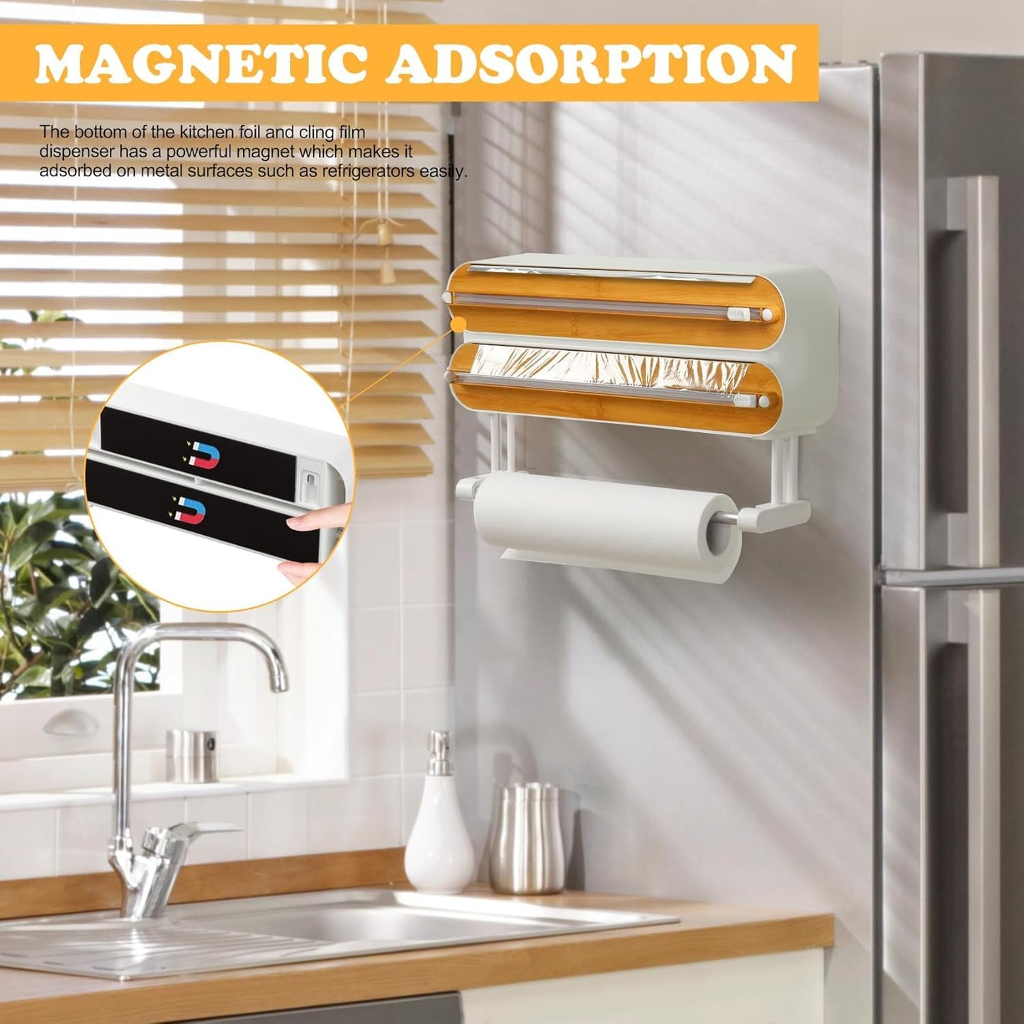 House of Quirk Magnetic Plastic Wrap Dispenser with Cutter, 3 in 1 Aluminum Foil and Plastic Wrap Organizer with Paper Towel Holder, Compatible with Cling Film, Tin Foil and Roti Paper Cutter (Grey)