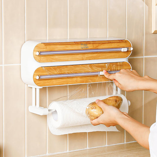 House of Quirk Magnetic Plastic Wrap Dispenser with Cutter, 3 in 1 Aluminum Foil and Plastic Wrap Organizer with Paper Towel Holder, Compatible with Cling Film, Tin Foil and Roti Paper Cutter (Grey)