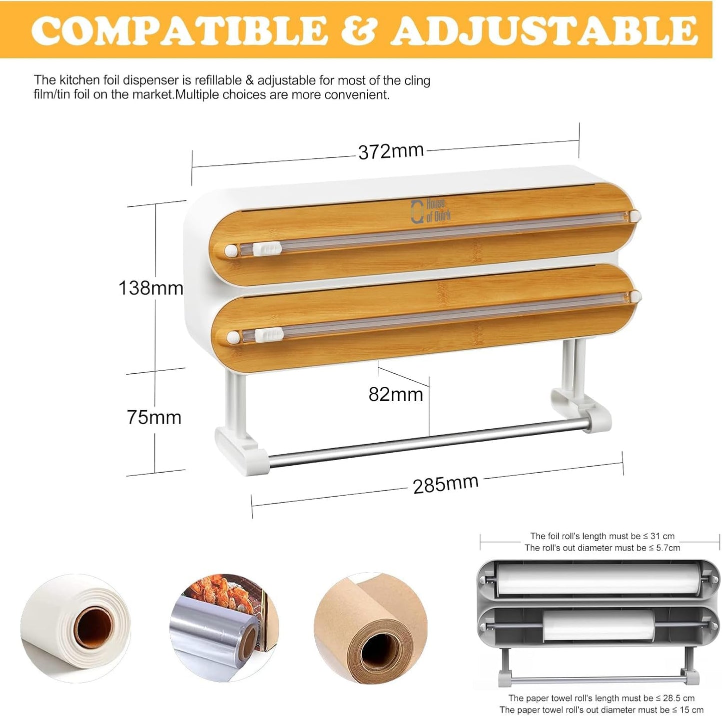 House of Quirk Magnetic Plastic Wrap Dispenser with Cutter, 3 in 1 Aluminum Foil and Plastic Wrap Organizer with Paper Towel Holder, Compatible with Cling Film, Tin Foil and Roti Paper Cutter (Grey)