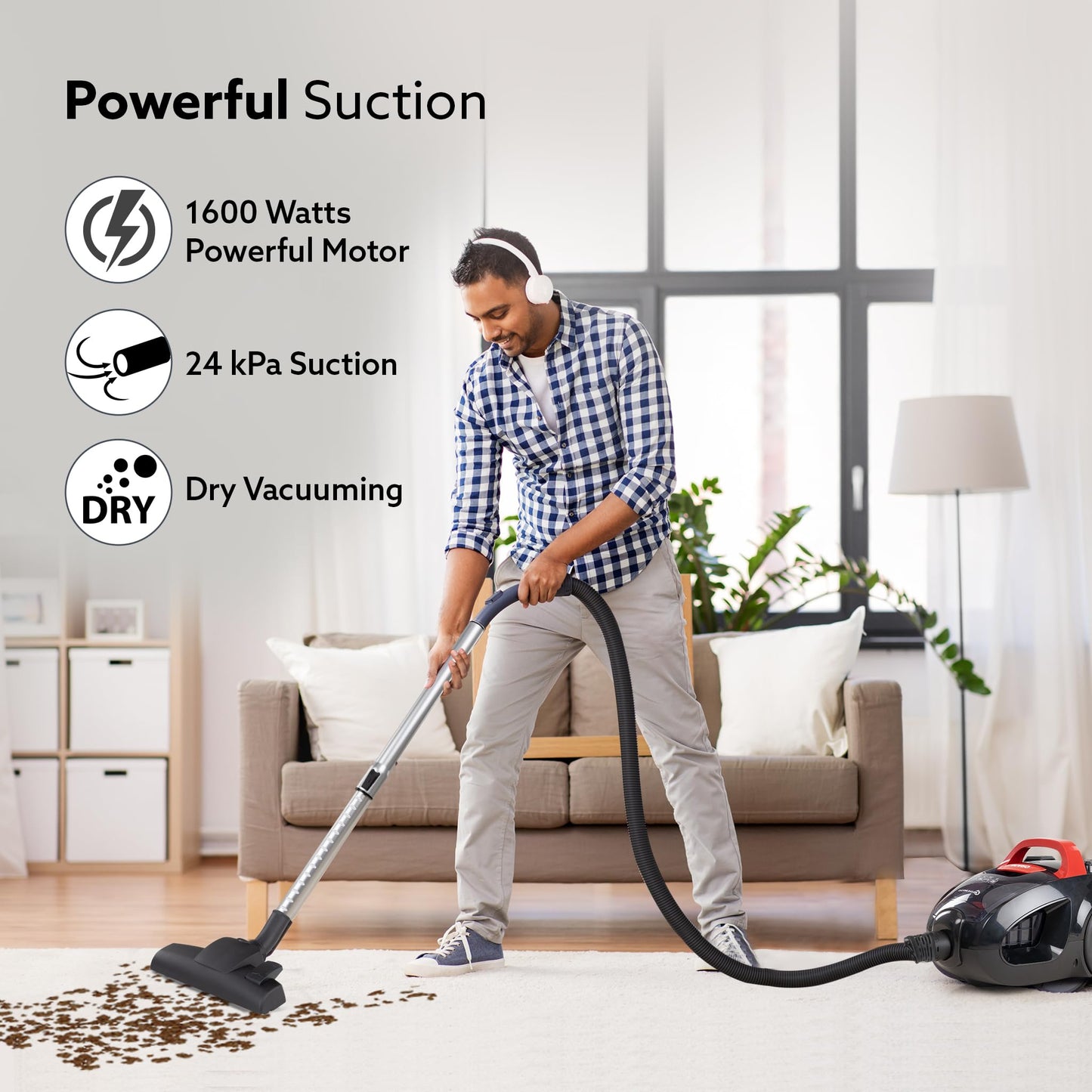 AGARO ICON 1600 Watts Bagless Dry Vacuum Cleaner for Home & Office, up to 24 kPa Variable Suction with Cyclonic Technology, 1.5L Bagless Bin, Multiple Accessories, Compact & Lightweight, Easy to Use