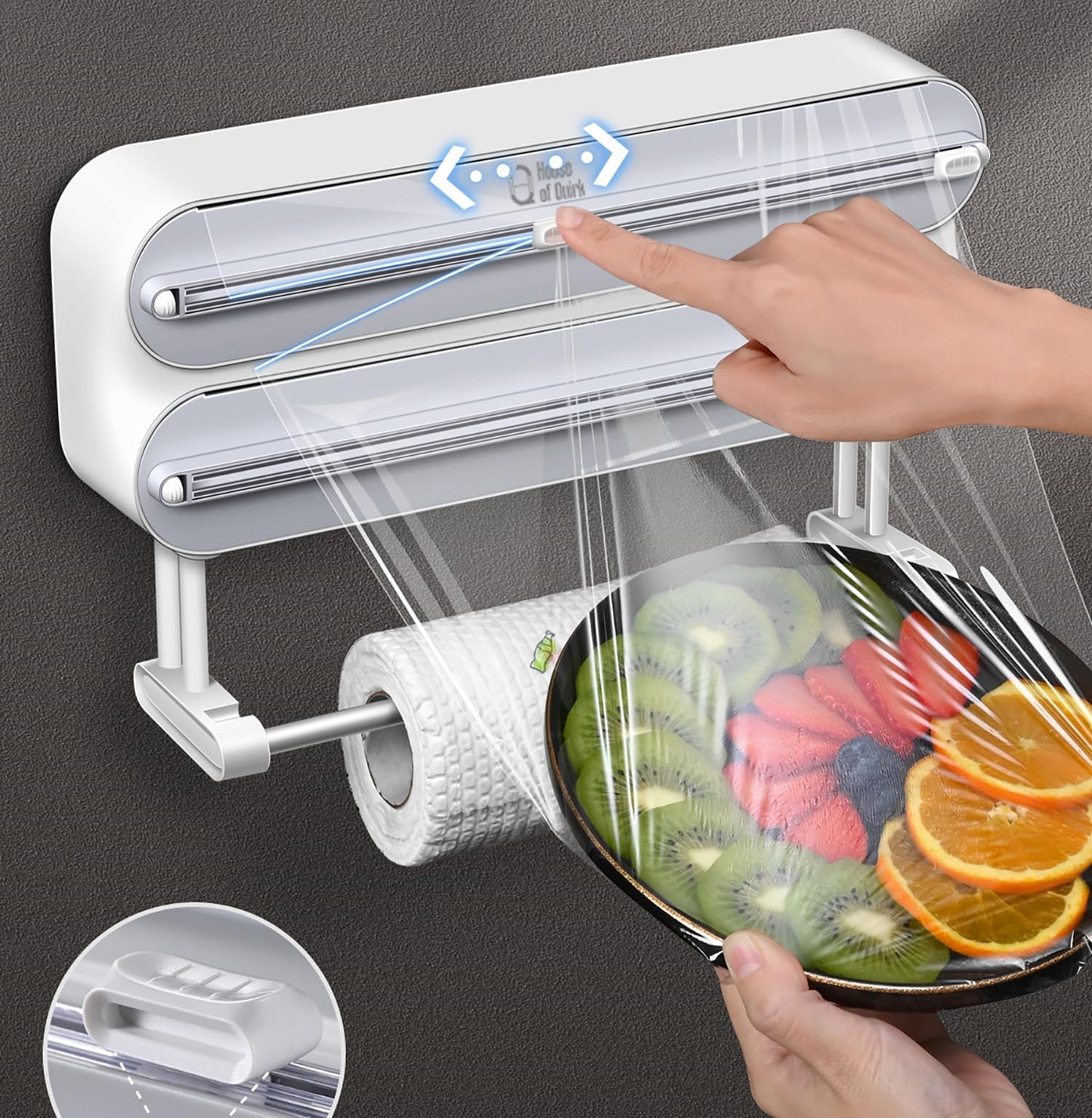 House of Quirk Magnetic Plastic Wrap Dispenser with Cutter, 3 in 1 Aluminum Foil and Plastic Wrap Organizer with Paper Towel Holder, Compatible with Cling Film, Tin Foil and Roti Paper Cutter (Grey)